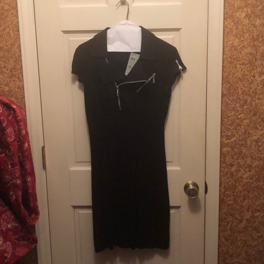 Black Cache moto dress, thick jersey fabric.